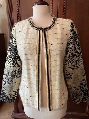 Chico's Cream & Black Tweed Blazer with Printed Sleeves